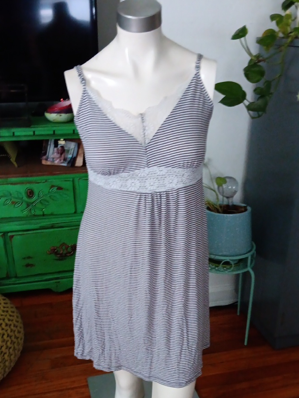 Striped Lace Trim Pajama Dress/nightie - Gray & White